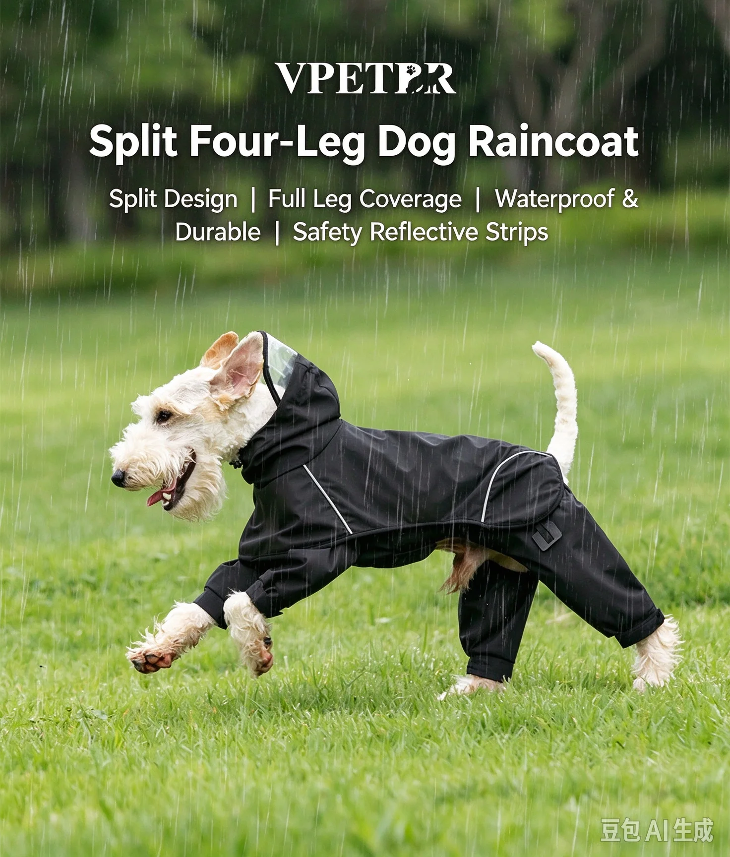 XUNDI Black Polyester 2-Piece Detachable Waterproof Windproof Reflective Full Body 4 Legs Dog Raincoat