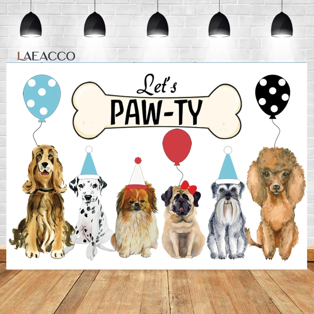 Laeacco Baby Birthday Party Background Cartoon Watercolor Cute Dogs Celebrate Child Portrait Customized Photographic Backdrops