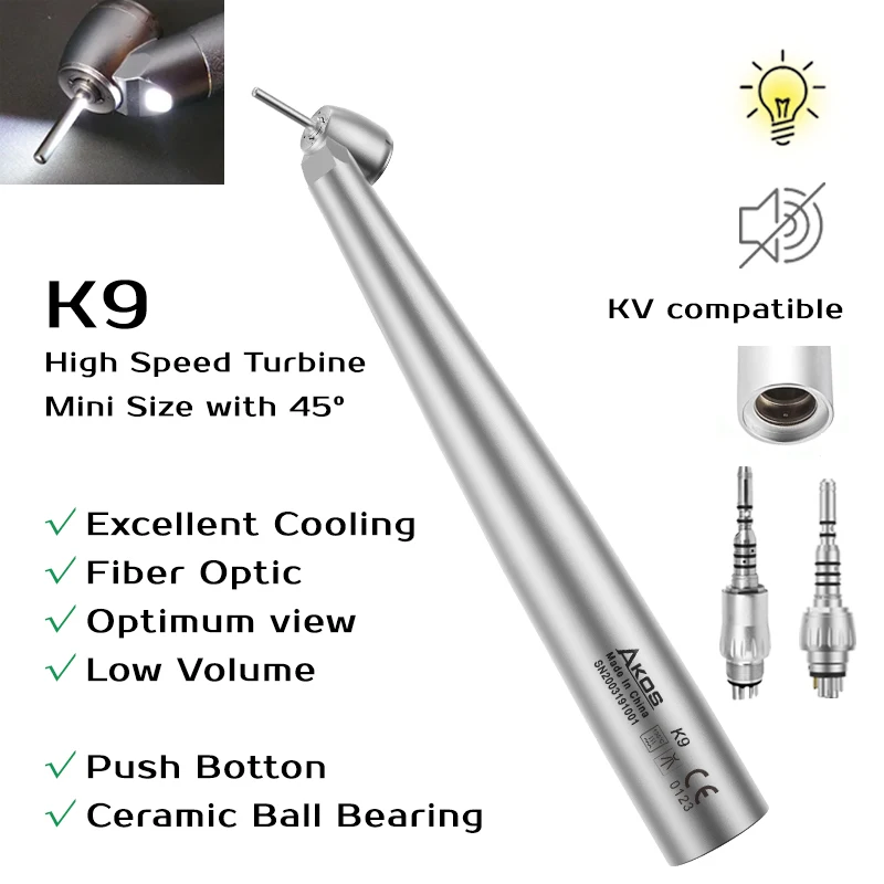 Dental LED Air Turbine Optical High Speed Handpiece Ceramic Bearing KV Coupler Quattro Mini Head with 45 degree Push Button Tool