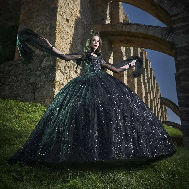 Preto charro quinceanera vestidos de baile querida apliques pérolas cristais mexicano doce 16 vestidos 15 anos