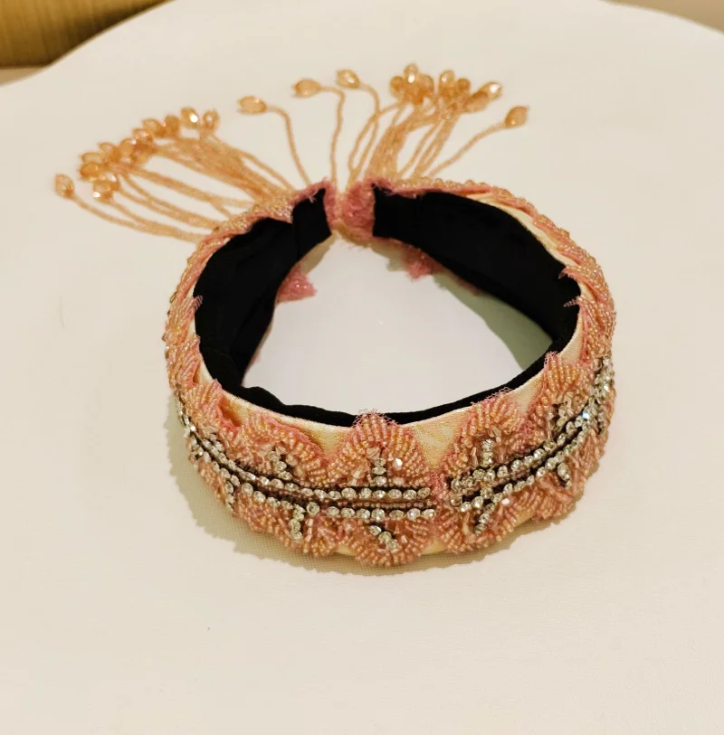 Handmade Full Crystal Diamond Sewn Hair Hoop Headband Exquisite Wide Edge Hairbands with Tassel Women Hairpin Hair Accessory