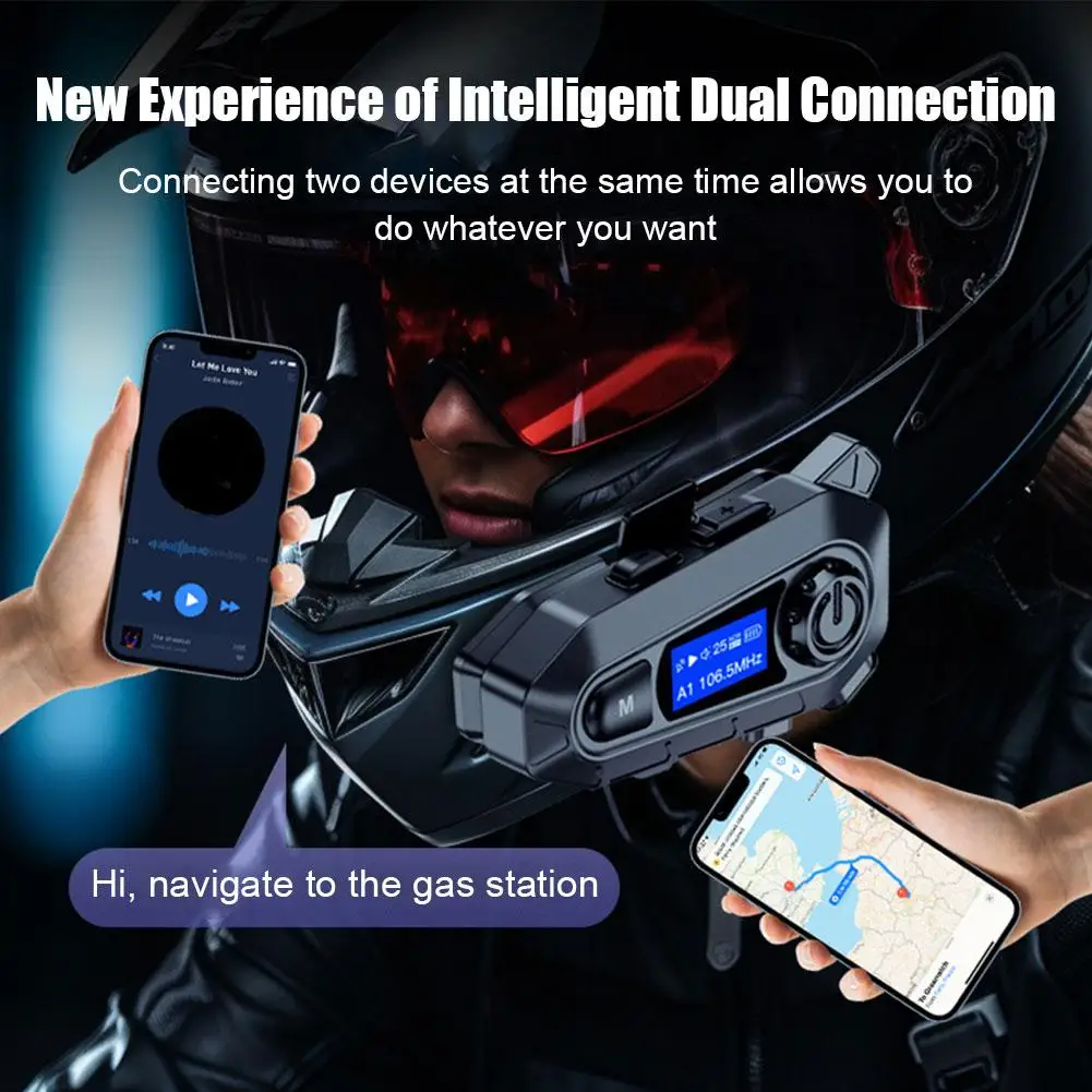 Motorcycle Helmet Headset Stereo Bluetooth 5.3 Hands Free Call IPX6 Waterproof 1000mAh With FM Radio LED Display