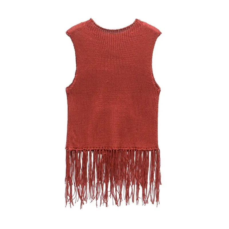 CharmChant Cropped Cable Knit Vest - Red Fringe Details & Oversized Neckline Festival Boho Style