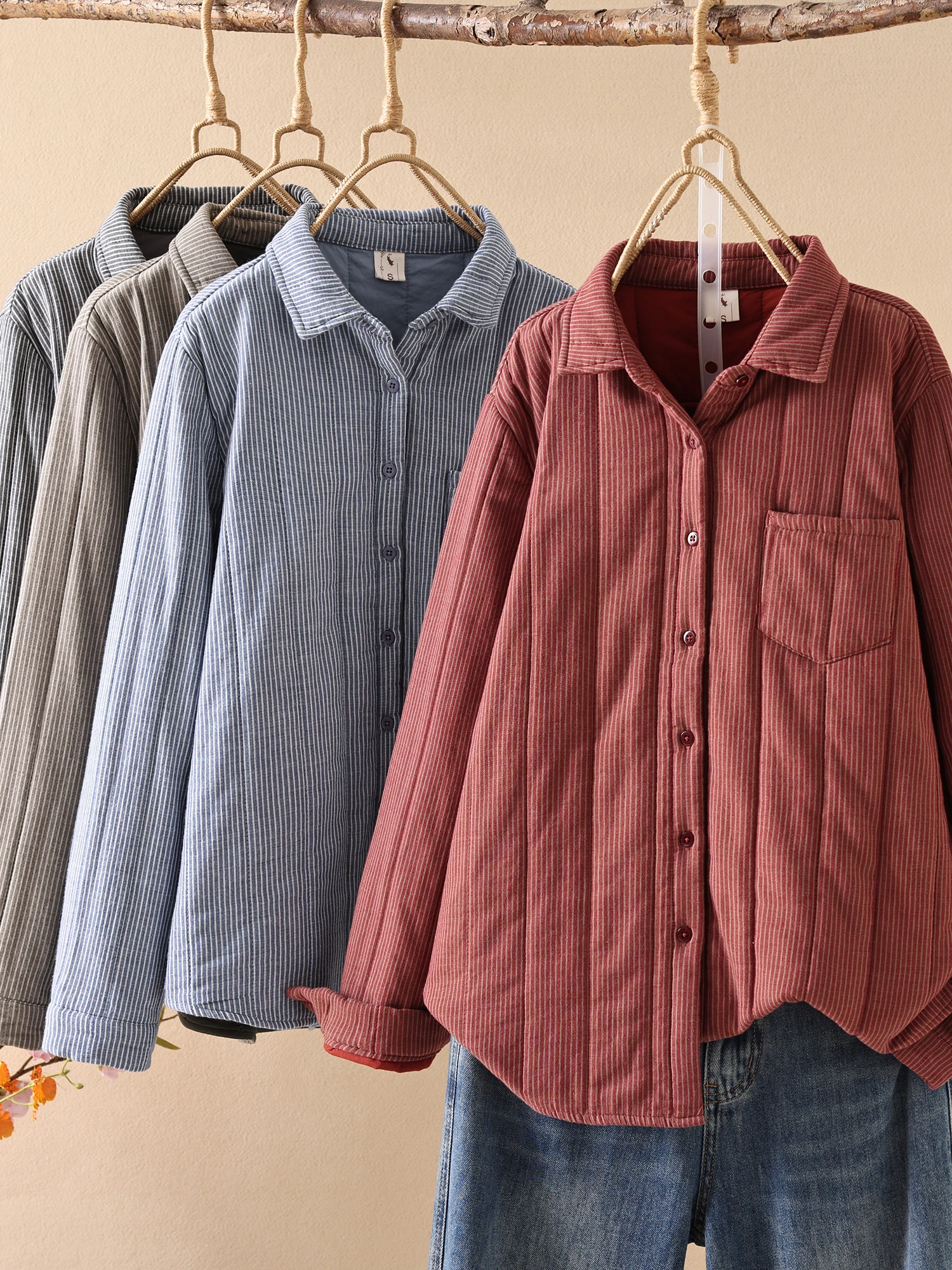 

Thickened Long Sleeve Striped Casual Shirt Women's Outerwear Spring Autumn Winter Fashionable Collar Cotton Coat