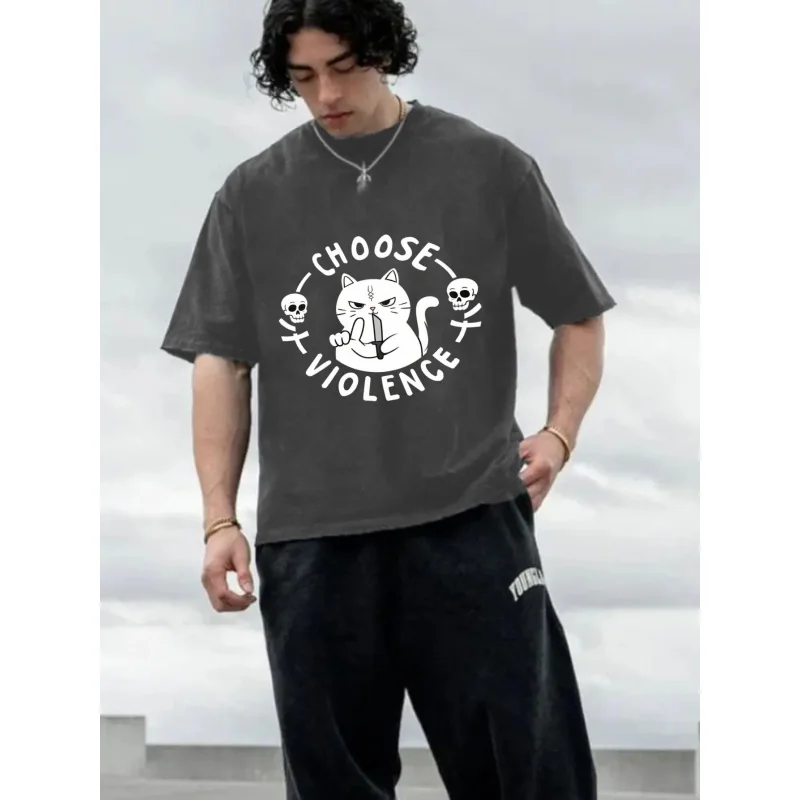 

Men's Washed T-Shirt Dark Gray Cat Skull Choose Violence Print High Quality 100% Cotton 230g