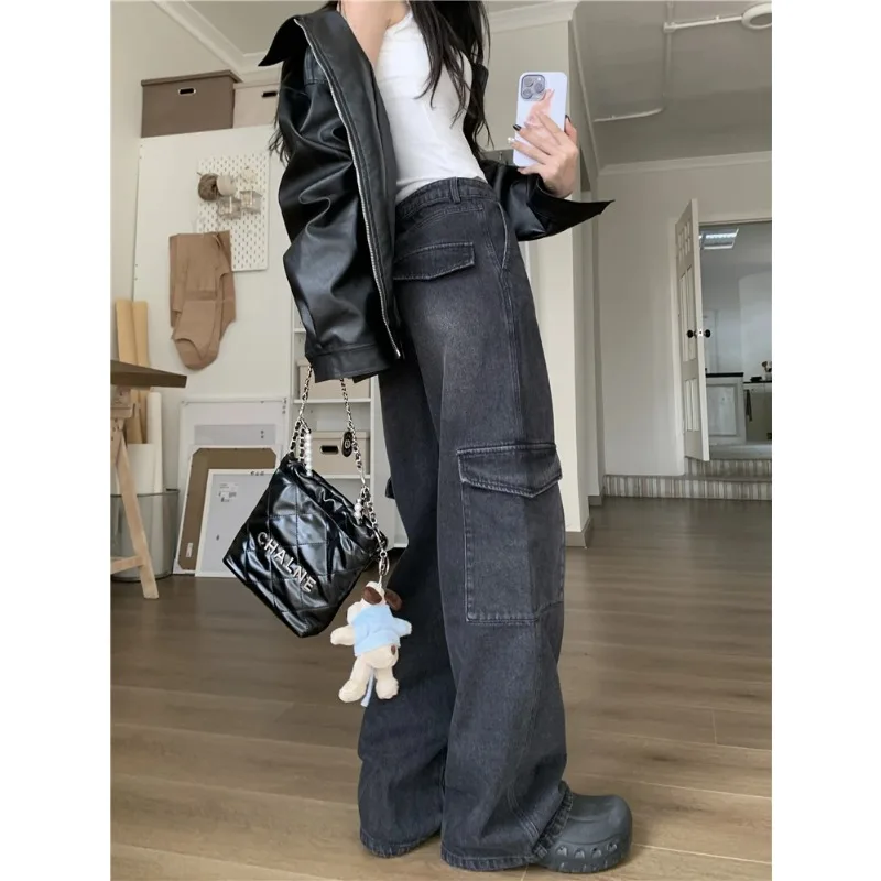 

American Retro Do old Jeans Women's Y2k Streetwear Cargo Denim Pants Multi-pocket High Waist Loose Wide Leg Trousers