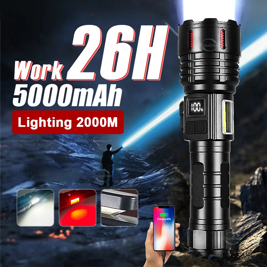 2024 Powerful LED Flashlight 5000Mah Rechargeable Flashlight 2000M Long Range Ultra Powerful LED Torch Magnet Tactical Lantern