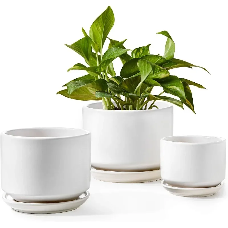 

Plant Pots Indoor, 4.3+5.3+6.8 Inch, Set of 3, Ceramic Planters with Drainage Hole and Saucer, Modern Indoor Flower Pot
