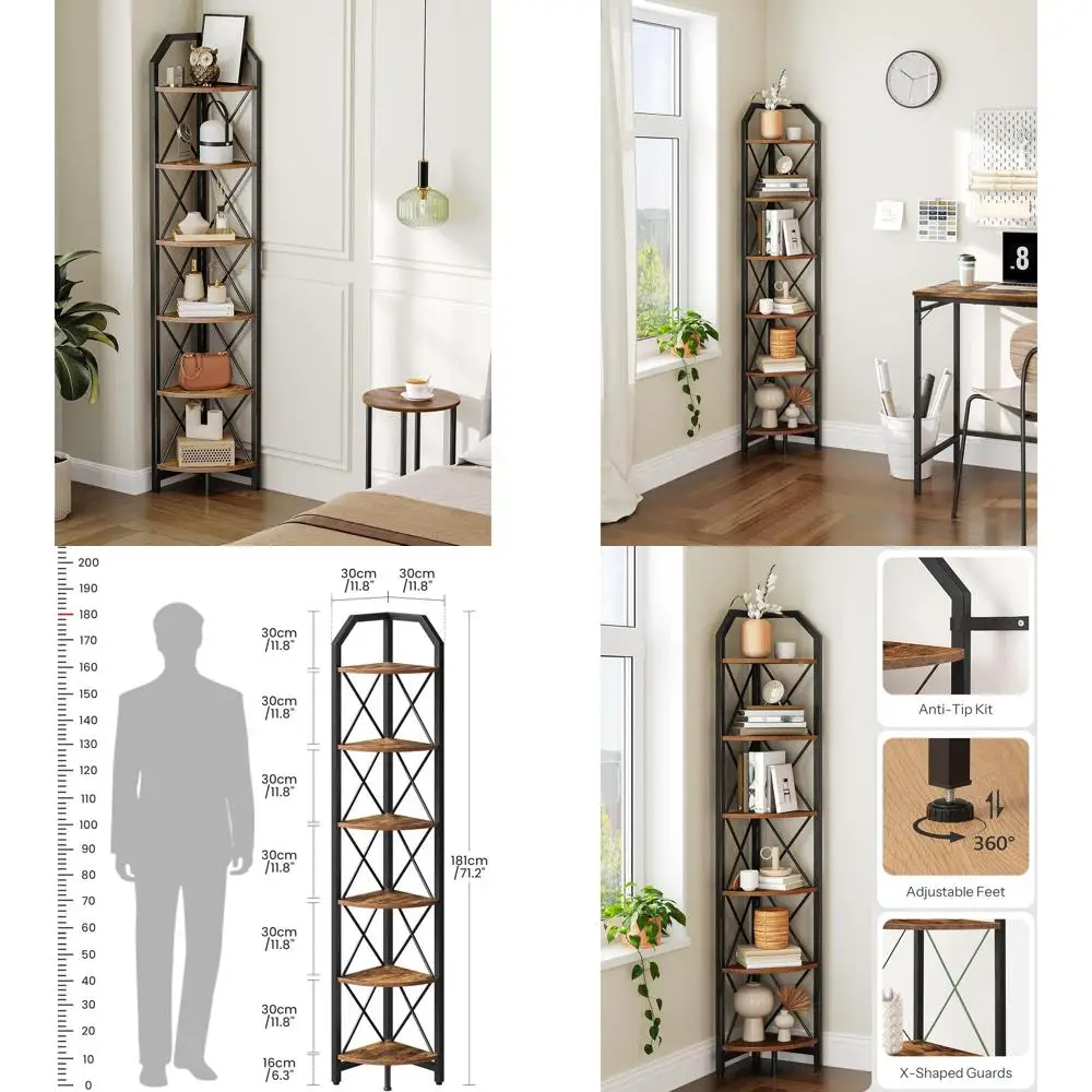 

6-Tier Industrial Bookshelf, 71.2 Storage Stand, Plant Display, Bookcase for Home Office, Rustic Brown and Black