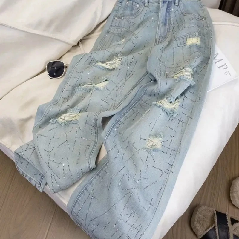 

Wide Leg Female Cowboy Pants Embroidered Women's Jeans Korean Popular Clothes 2025 Fashion Luxury Designer Original 90s Trousers