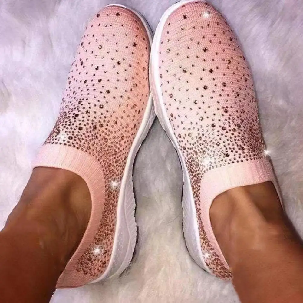 Women\'s Glitter Sneakers Slip-on EVA Elastic Topline Mesh Fashion Bling Sports Shoes Running Shoes for Gym