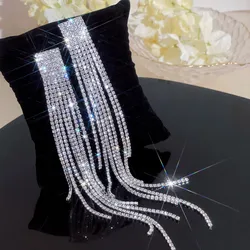 New Classic Full Rhinestone Long Tassel Drop Earrings for Women Exquisite Luxury Crystal Dangle Earrings Female Wedding Jewelry