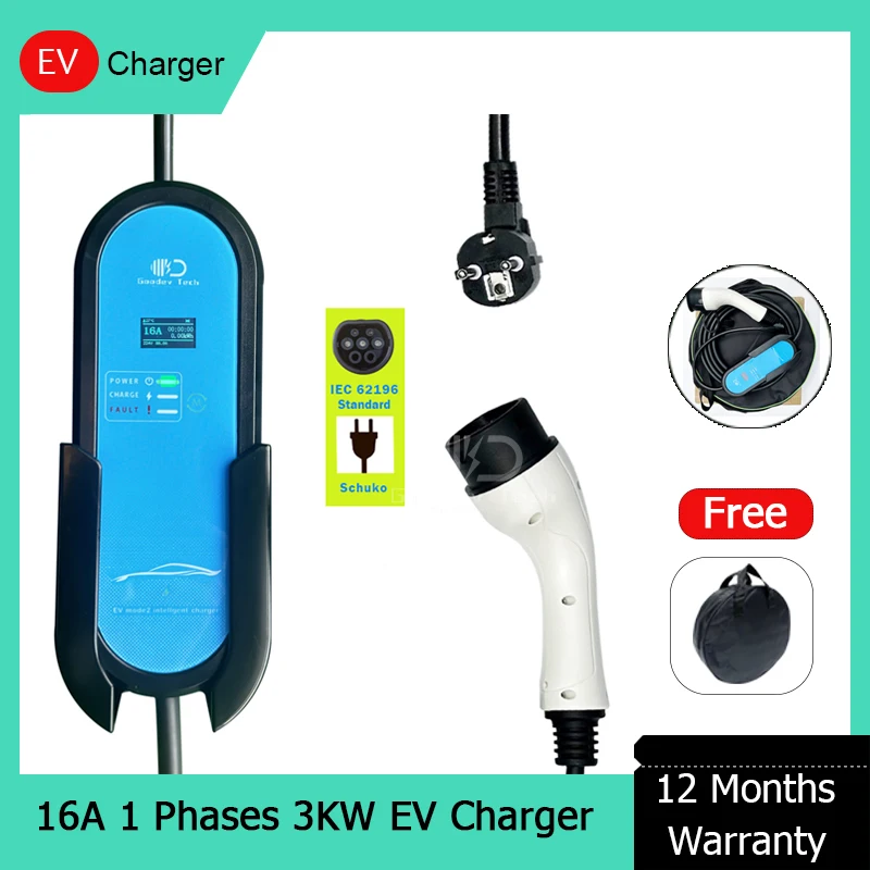 

Home Portable Electric Car Charger IEC 62196-2 Type 2 8A 10A 13A 16A Current Adjustable 220V 3KW 1 Phases TPE Cable 3M 5M Length