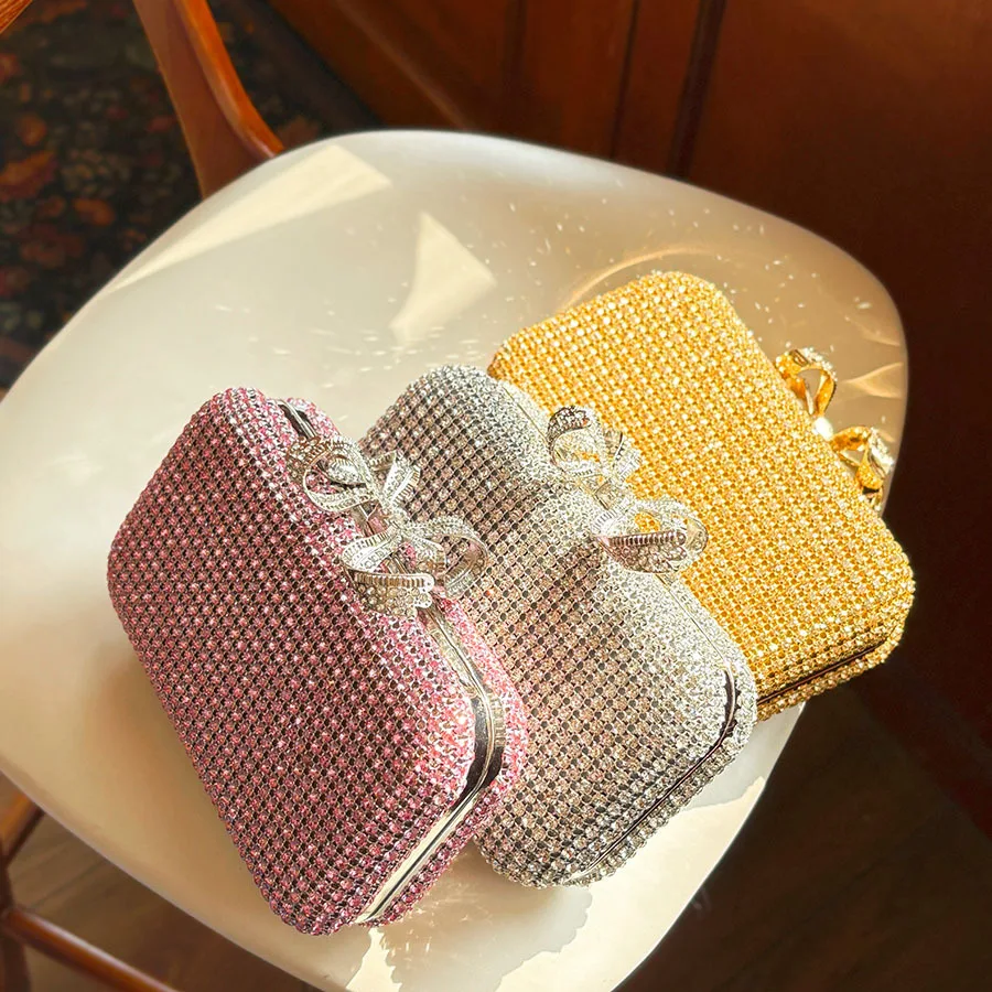 Brand New Sparkling Diamond Studded High-end Banquet Handbag for Women Solid Color Single Shoulder Chain Bag Small Square Bag