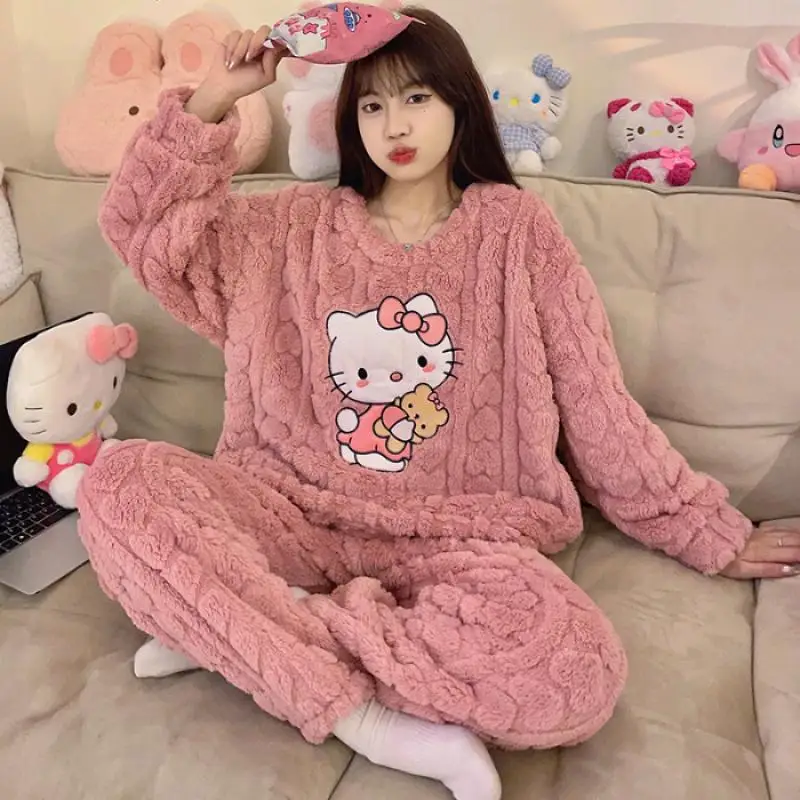 Hello Kittys Plush Pajamas Set Woman Kawaii Crew Neck Anime Cartoon Autumn Winter Flannel Plus Size Warm Home Wear Nightgown Set