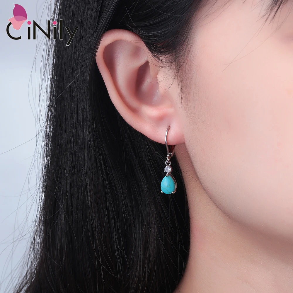 CiNily Turquoise Big Drop Earrings Vintage Silver Plated Earrings for Women Wedding Party Gift Wholesale Fashion Jewelrys