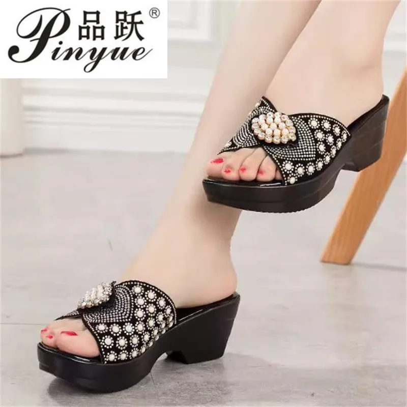 Women sandals Ladies Summer Slippers Shoes Women High Heels Fashion Rhinestone Summer Shoes Genuine Leather size 35--40
