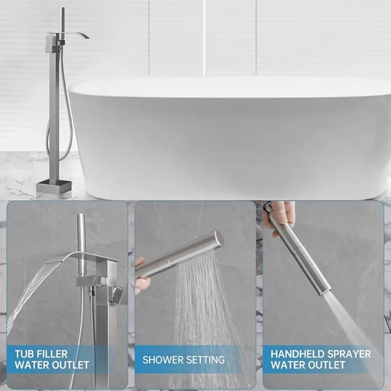 Tub Filler Freestanding Bathtub Faucet Brushed Nickel Floor Mount Tub Faucet Waterfall Bathtub Filler