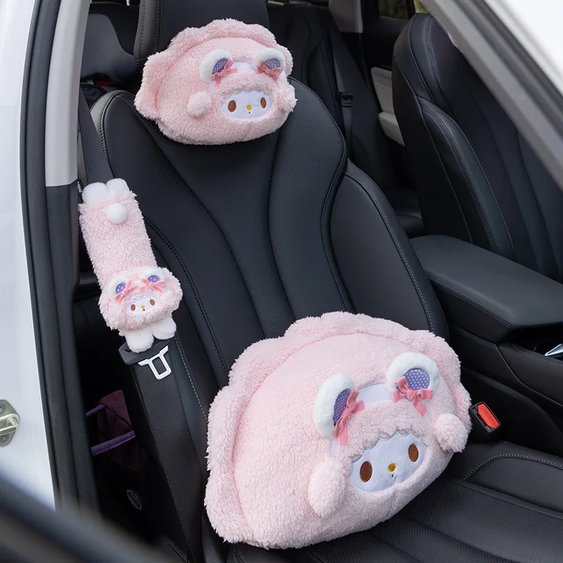 Hello Kitty Car Headrest Pillow Winter Warm Plush Doll Neck & Lumbar Support Cushion Adjustable Car Seat Pillow Seat Belt Cover 4