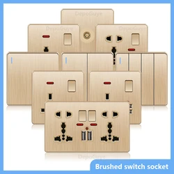 Gold Universal 3/5Pin Plastic Power Socket,UK Wall Outlet With 2.1A Dual USB Port,220V Electrical 2way Switch TV Computer CAT6