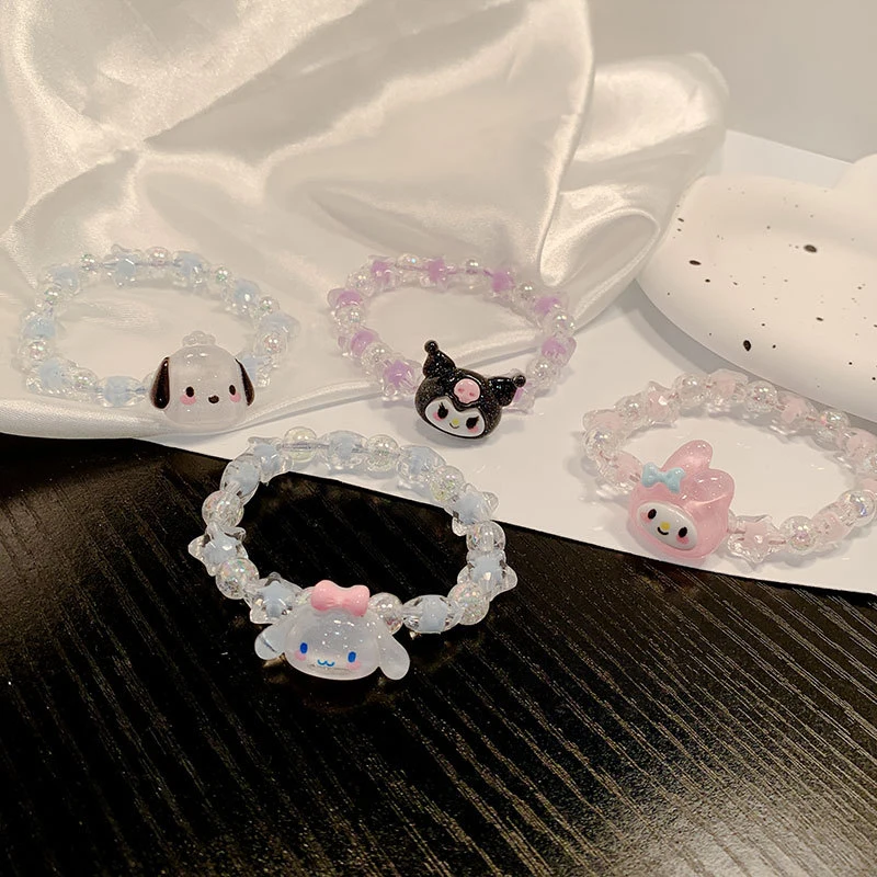 SANRIO Kuromi สร้อยข้อมือคริสตัลการ์ตูนอะนิเมะน่ารักอุปกรณ์เครื่องประดับวันเกิดแหวนผมยางรัดศีรษะของขวัญสาว