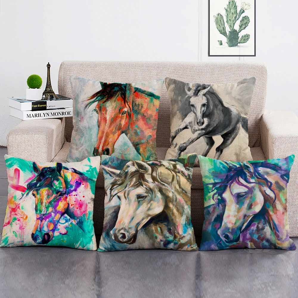 

Modern Square Horse Art Pillowcase Retro Animal Oil Painting Cushion Cover for Home or Hotel Decor