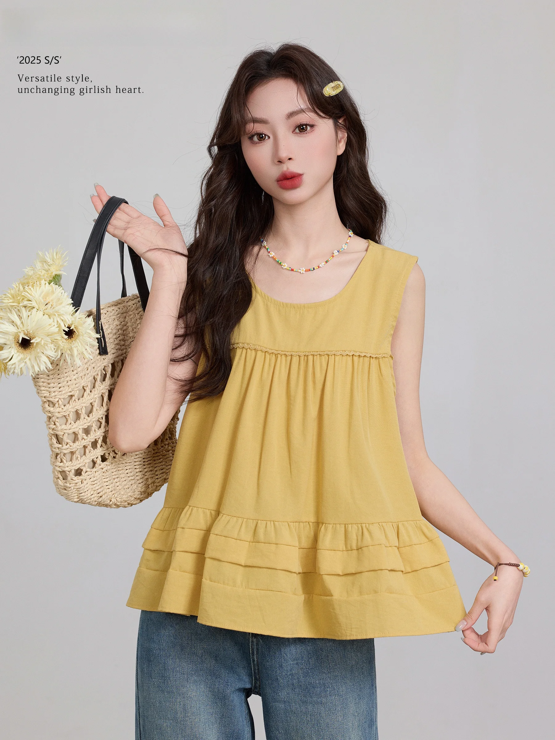 

Unique Yellow Cotton Linen Sleeveless Top for Women Summer Ladies Shirt Anti-Uv Loose Fit round Neck Pure Color Commute Style
