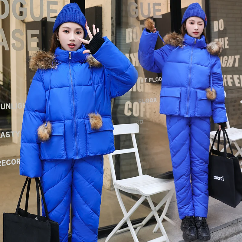 2023 Winter Jacket Women Snow Clothes Warm Pant Suits Real Fur Collar Parka Women Down Cotton Coat 2 pieces Set Outwear Ladies