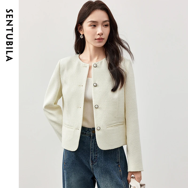 

SENTUBILA Women's Cropped Jackets French Outerwear Elegant Pearl Button Long Sleeve New in Coats & Jackets 2025 Spring 151W58615