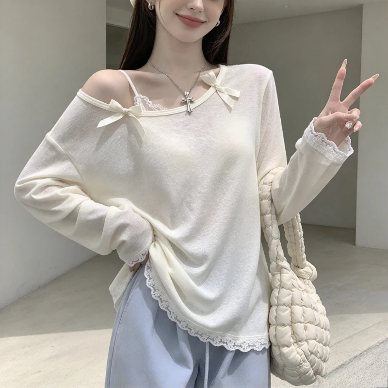 Sweet Oblique Neck Bow Sun Protection Long Sleeve T-shirt Women Loose Lace Spliced Cover Up Casual Fashion Spring Blouse Top