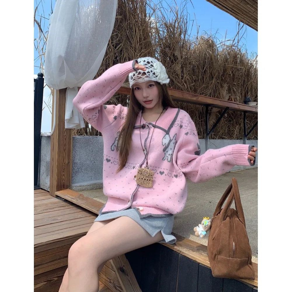 

Retro Anti-Aging Long Sve Knitted Sweater Women's Autumn New Lazy Loose Slimming Versatile Collared Embroidered Top