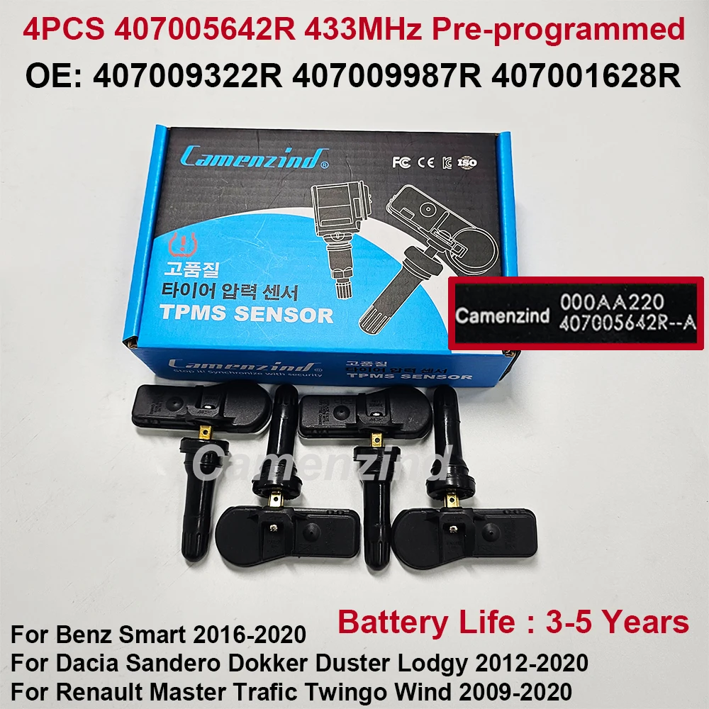 

4 датчика TPMS 40700-5642R 407005642R 407009322R 407009987R 407001628R для Smart Renault Trafic Wind Dacia Lodgy 2020 433МГц