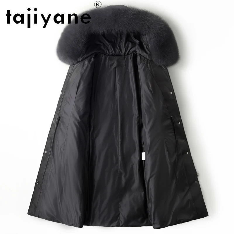 TAJIYANE 100% أعلى الحبوب جلد الغنم أسفل معطف امرأة جلد طبيعي أسود طويل سترة منفوخة الثعلب الفراء طوق 2025 الملابس الشتوية #3