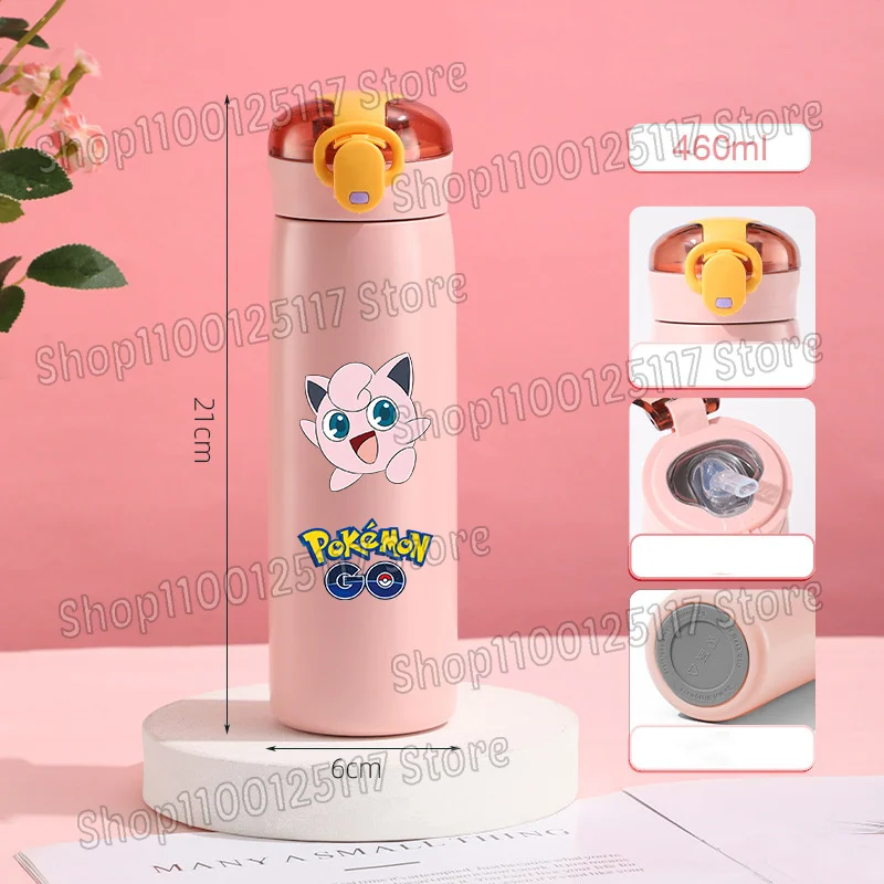 Anime Pokemons Drinking Bottle 460ml Portable Thermo Mug with Straw Men Stainless Steel Cartoon Vacuum Flasks Thermal Water Cup