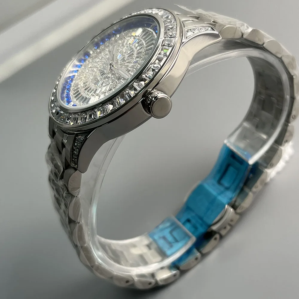 42MM Deluxe Diamond Set with Silver Strap and Silver Blue Dial Automatic Mechanical Men\'s Watch Shining Dial Button