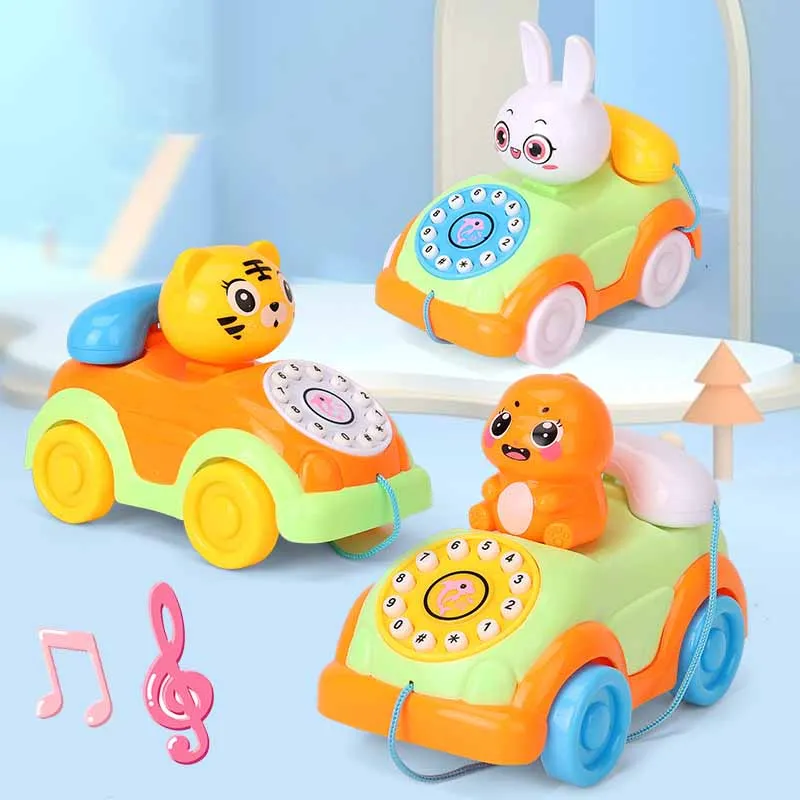 Mainan tali tarik hewan kecil imut kartun Anak baru mainan mobil telepon dengan musik lampu mainan Belajar Dini & Puzzle balita bayi