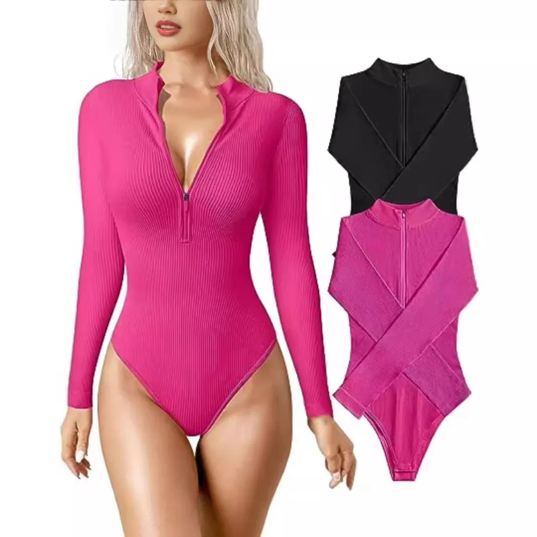 Women's Bodysuit Long Sleeves High Neck Bodysuit Elegant Tops with Zipper Casual Stretch Under Jacket Tracksuit Jumpsuits