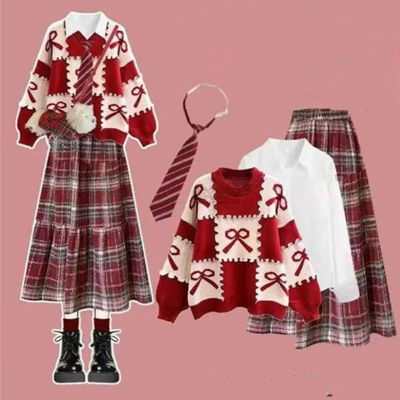 

Женский осенне-зимний ошатный красный свитер Lucky, белые рубашки, клетчатые юбки, комплект из 1 или трех предметов, женские повседневные вязаные топы, юбка, наряд