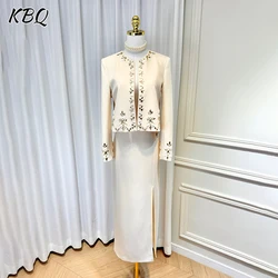 KBQ Spliced Diamonds Two Piece Set For Women Round Neck Long Sleeve Top High Waist Split Skirt Elegant Sets Female Fashion New