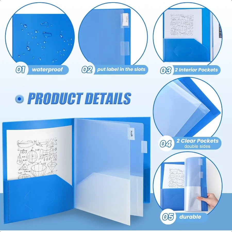 Cartelle multitasche in plastica resistente da 8 pezzi Cartelle organizer tascabili con tasche per ufficio, aula, busin, 6 tasche