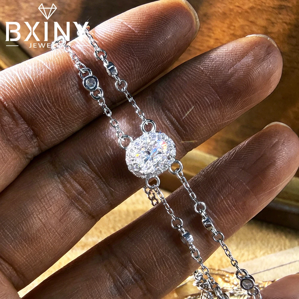 

BXINY Oval Cut All Moissanite Bracelets S925 Silver Certified Diamond Adjustable Double Bubble Chain for Women Fine Jewelry Gift