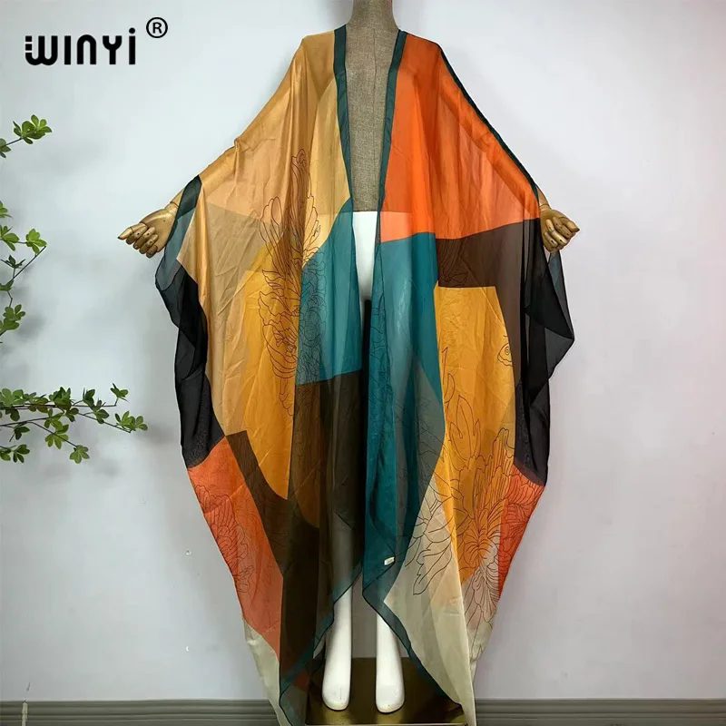 WINYI-capas impressas boêmias do biquíni, vestido elegante, cardigã novo do partido, perspectiva, magro, solto, feriado, luva do batwing, KIMONO