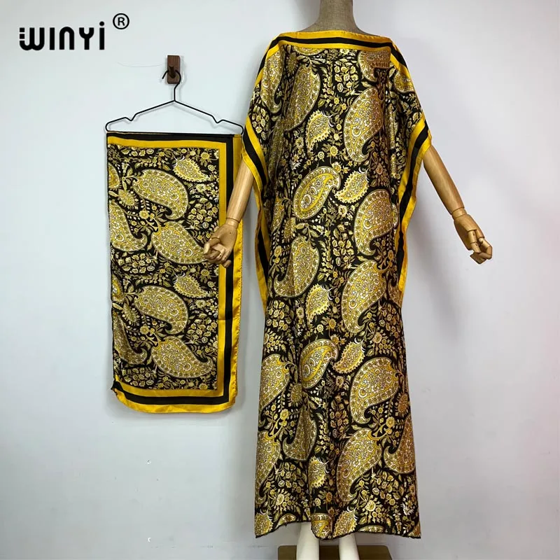 WINYI Summer Africa fashion print Dashiki kuwait Abaya Kaftan Elegant Lady Maxi Casual Dresses with belt Bohemian silk dress