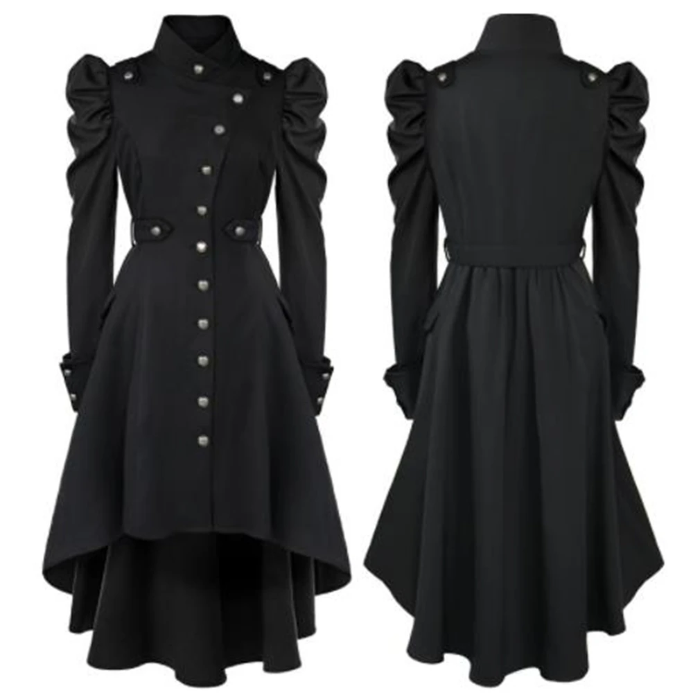 Women Vintage Button Up Dress Puff Sleeves Steampunk Cosplay Jakcet Slim Fit Retro Lady Long Victorian Gothic Halloween Costume