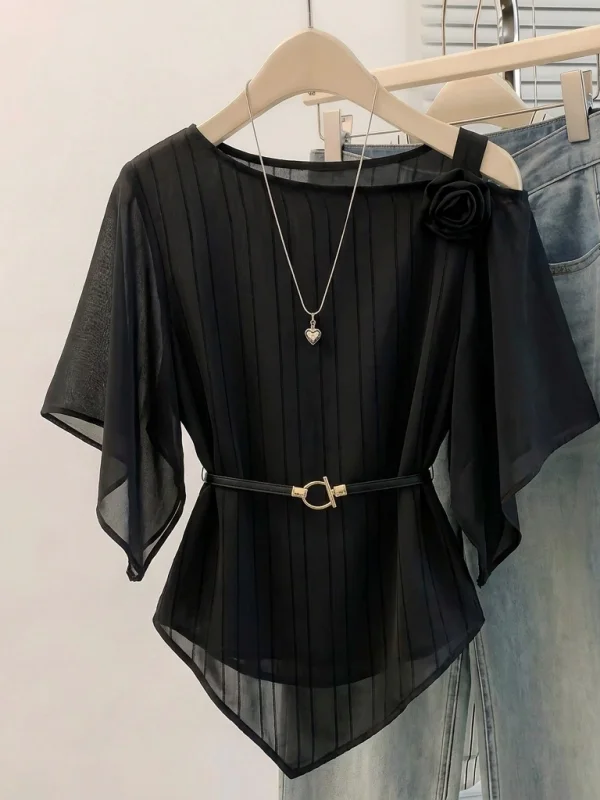 

Elegant Acetate Satin Striped Shirt Women's plus Size Regular Sleeve Shoulder Length Commute Style Korean Version Loose Fit