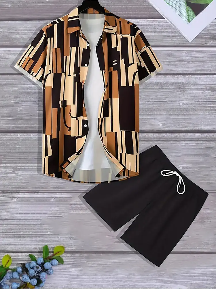 

Vintage Patchwork Print Men's Short-sleeved Shirt And Beach Shorts Set Summer Everyday Men's Casual Shirt Outdoor Men's Shorts
