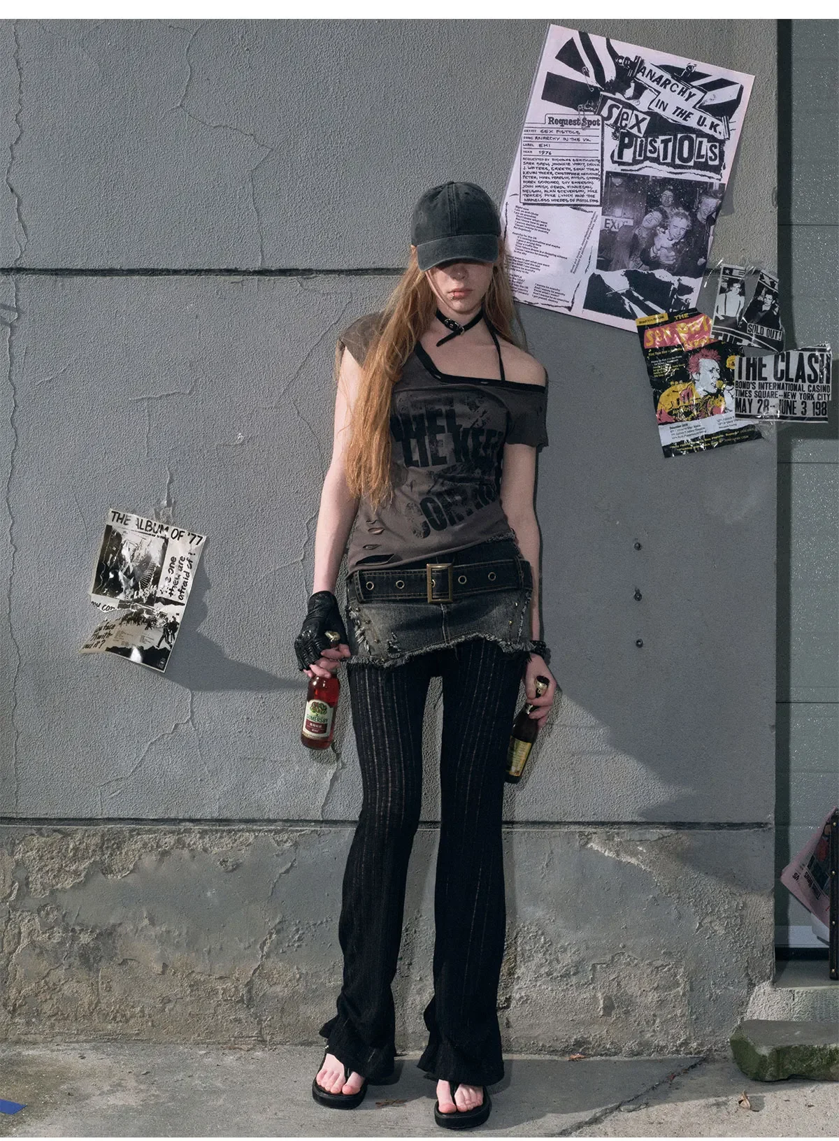 Cest Nous New Original Vintage Retro Denim Patchwork Skirt Pants Punk Rock Subculture Striped Slim Flare Black Long Trousers