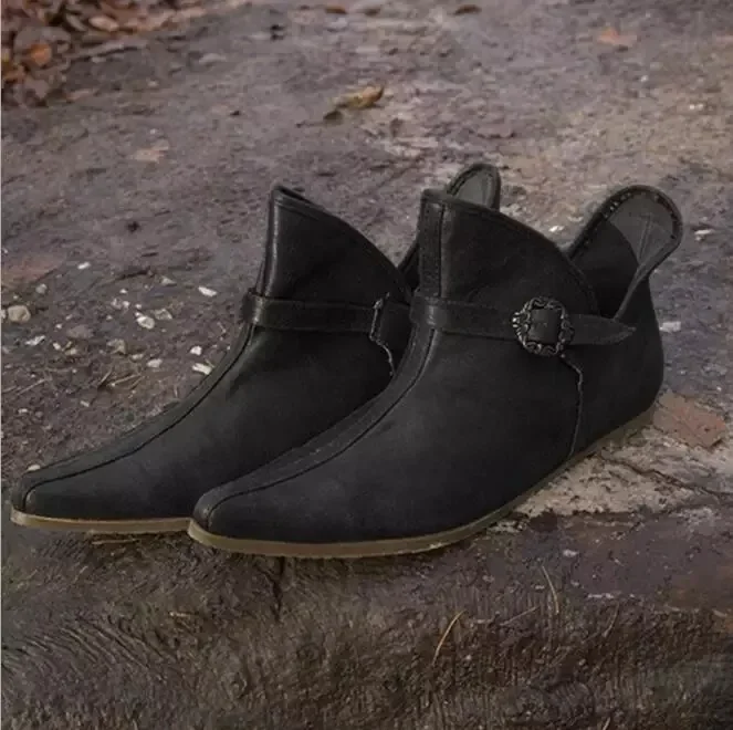 Knight Prince Shoes Pirate Boots Medieval Women's Vintage Brown Buckle Leather Boots Short Flat Shoes Cosplay Pirate Renaissance
