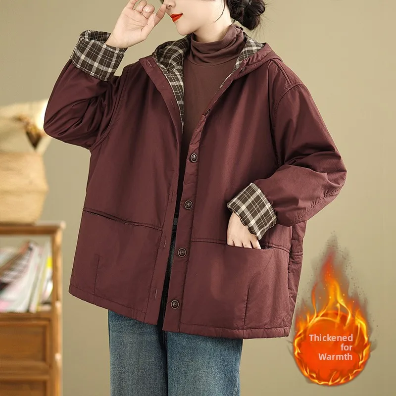 

Высококачественное винтажное двуслойное пальто с капюшоном в клетку, на одной пуговице, с хлопковой подкладкой, теплое хлопковое пальто