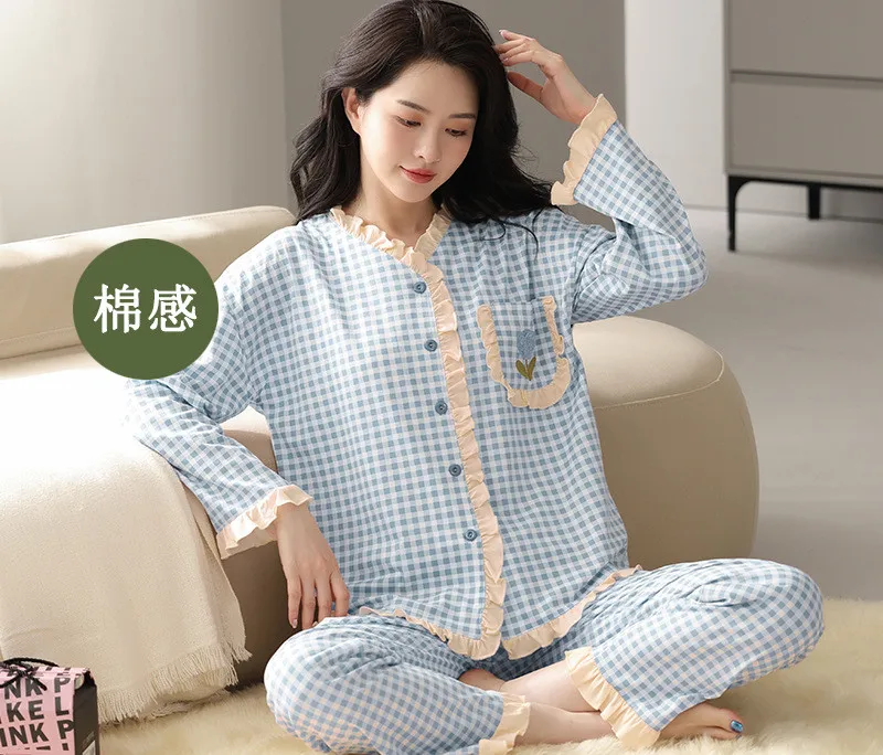 Korean Version Plaid Pajamas Women's Autumn Winter Long Sleeved Home Wear Two-Piece Set Student Cardigan Pant Suit Pijama Mujer